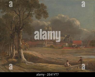 John Varley, 1778â € "1842, British, Westminster Abbey von Tothill Fields, 1832. Öl auf Platte. Architektonisches Thema , Jungen , Gebäude , Kutsche , Kamin , Kirche , Stadt , Stadtbild , Wolken , Justizvollzugsanstalt , Feld , Angeln , Fußgängerbrücke , gotische Architektur , Hügel , Landschaft , Pfad , Gefängnis , Straße , Bäume. City of Westminster , England , Europa , London , Großbritannien , Westminster Abbey Stockfoto