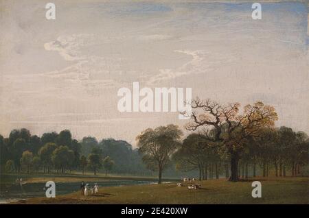 John Martin, 1789â € "1854, British, Kensington Gardens, zwischen 1815 und 1816. Öl auf Platte. Motorhauben , Vieh , Kind , Familie , Vater , Garten , Landschaft , Freizeit , Vieh , Mutter , Fluss , Flussufer , Schwäne , Hut , Bäume. England , Kensington Gardens , London , Vereinigtes Königreich , Westminster Stockfoto