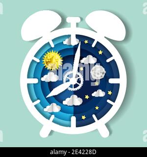 Papierschnitt Handwerk Stil Uhr mit Tag und Nacht Himmel auf dem Zifferblatt, Vektor-Illustration. Einschaltzyklus. Zirkadianer Rhythmus. Stock Vektor