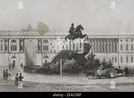 Russland, Sankt Petersburg. Bronze Reiter. Reiterstatue von Peter dem Großen auf dem Senatsplatz. Denkmal für den Gründer von St. Petersburg im Auftrag der Kaiserin Katharina der Großen. Gravur von Lemaitre, Danvin und Cholet. Geschichte Russlands von Jean Marie Chopin (1796-1870). Panorama Universal, spanische Ausgabe, 1839. Stockfoto