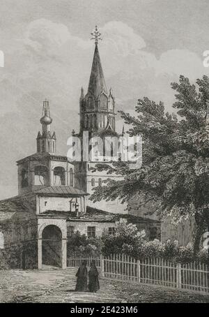 Russland. Moskau. Das Himmelfahrtskonvent. Gegründet von der Großfürstin Eudokia, der Frau des Großfürsten Dmitri Donskoy. Es wurde in der Nähe des Spasskaya-Turms des Moskauer Kremls gebaut. Gravur von Lemaitre und Cadolle. Geschichte Russlands von Jean Marie Chopin (1796-1870). Panorama Universal, spanische Ausgabe, 1839. Stockfoto
