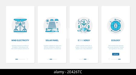 Nachhaltige alternative Quellen der Energietechnologie Vektordarstellung. UX, UI Onboarding mobile App Seite Screen Set mit Linie elektrische Öko-Glühbirne, Windmühle Turbine, Solarmodul Ökologie zu sparen Stock Vektor