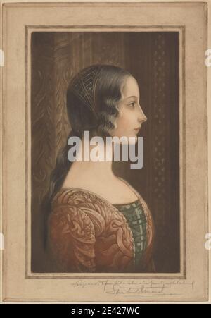 Druck gemacht von Samuel Arlent Edwards, 1861â € "1938, Briten, aktiv in den Vereinigten Staaten (1890â € "1910), Profil Porträt eines Renaissance Maiden, 1905. Mezzotint in farbiger Tinte auf sehr dicker, leicht strukturierter, beiger Karte. brokat, Büste, Kostüm, Kleid, Haarteil, Porträt, Profil (Figur), Renaissance Stockfoto