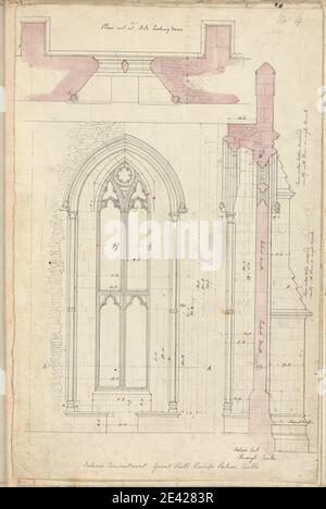 Unbekannter Künstler, Bishop's Palace, Wells, Somerset: Elevation, Plan and Section of Window in the Great Hall, undated. Stift und schwarze und violette Tinte mit lila waschen und Graphit auf Medium, glatt, Creme Wove Papier. Architektonische Thema, große Hallen, Interieur, Palast, Pläne (Zeichnungen), Abschnitte, Türmchen (Türme), Wassertische. Wells Stockfoto