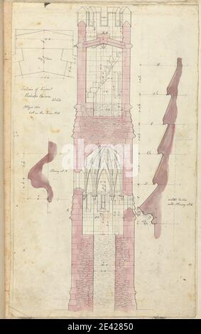 Augustus Welby Northmore Pugin, 1812â € "1852, Briten, Bishop's Palace, Wells, Somerset: Abschnitt von Revolver, 1832. Stift und schwarze Tinte und lila waschen mit Pinsel und Stift auf Medium, glatt, Creme Wove Papier aufgetragen. Architekturmotiv , Palast , Abschnitte , Treppen , Stein , Türme ( Türme ) , Wassertische , Brunnen ( Container-Komponente ). Wells Stockfoto