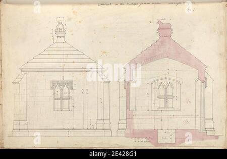 Augustus Welby Northmore Pugin, 1812â € "1852, Briten, Bishop's Palace, Wells, Somerset: Abschnitt und Erhebung der Conduit im Garten, 1832. Stift und schwarze und violette Tinte mit lila waschen und Graphit auf Medium, leicht strukturiert, Creme Wove Papier. Architektonische Thema , Kabelkanäle , Erhebungen (Zeichnungen) , Garten , Gotik (Mittelalter) , Abschnitte , Fenster. Wells Stockfoto