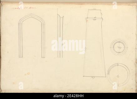 Augustus Welby Northmore Pugin, 1812â € "1852, British, Raglan Castle, Monmouthshire, Wales: Details, undated. Graphit und Stift und rote Tinte auf Medium, glatt, Creme Wove Papier. Bögen, architektonische Thema, Säulen (architektonische Elemente), Gotik (Mittelalter), Abschnitte. Monmouthshire, Raglan Castle Stockfoto