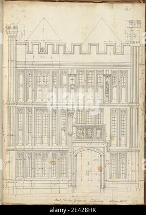 Augustus Welby Northmore Pugin, 1812â € "1852, Briten, George Inn, Glastonbury, Somerset: Front Elevation, 1832. Stift und schwarze und violette Tinte über Graphit auf mäßig dickem, leicht strukturiertem, cremefarbenen Wove-Papier. Architektonisches Thema, Gotik (Mittelalter), Gasthäuser, Pilaster, Straßenerhebungen, Fenster. Glastonbury Stockfoto