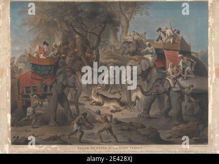 Richard Earlom, 1743–1822, Brite, Tiger Hunting in the East Indies, 1802. Stipple Gravur, mezzotint, und Radierung mit Handfärbung auf dicken, leicht strukturiert, Creme Wove Papier. Tiere, Korb, Tod, Elefanten (Tiere), Herren, Jäger, Jagd, Leiter, Männer, Eingeborene, Pagris, Gewehre, Seile, Zepter, Diener, Speere, Sportkunst, Schwerter, Tiger, Bäume, Turbanen. Asien, Chandannagar, Indien, Westbengalen. Carnac, John (1721–1800), Armeeoffizier in der East India Company Macpherson, Sir John, erster Baronet (um 1745–1821), Generalgouverneur von Bengalen Zoffany, Johan J. Stockfoto
