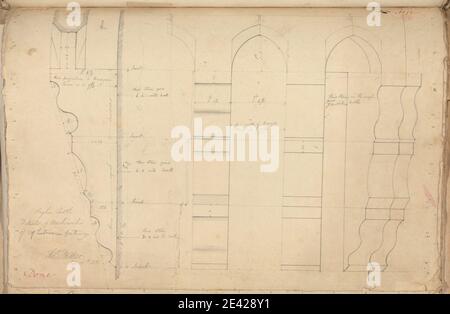 Unbekannter Künstler, (TL Walker), Raglan Castle, Monmouthshire, Wales: Details von Machicoulis von Entrance Gateway, 1831. Graphit auf mäßig dickem, leicht strukturiertem, cremefarbenem Wove-Papier. Architekturmotiv, Burg, Tore, Gotik (Mittelalter), Machikolationen, Abschnitte. Monmouthshire, Raglan Castle Stockfoto