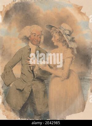 John Downman, 1750–1824, Brite, John Edwin und Mrs. Mary Wells als Lingo und Cowslip in 'The Agreeable Surprise', 1787. Aquarell mit Gouache, schwarzer Kreide und Stumpfen auf Medium, leicht strukturiert, cremefarbenen Papier. Schauspieler, Schauspielerin, Schüssel, Mantel, Kravatte, Locken, Geste, Kleid, Hut, literarisches Thema, Mann, Spiel, Bänder, Rüschen, Meer, die angenehme Überraschung, Stück von John O'Keeffe, 1781 , Theater (Disziplin) , Perücke , Frau. Wells [geb. Davies; anderer verheirateter Name Sumbel], Mary Stephens (1762–1829), Schauspielerin Edwin, John, der Ältere (1749–1790), Schauspieler und Sänger Lingo (Figur in der AG Stockfoto
