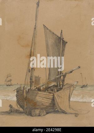 Samuel Prout, 1783â € "1852, Briten, Fischerboot am Strand mit einem Brig auf See, undated. Aquarell, Gouache und Graphit, mit Stumpfen auf mäßig dicken, leicht strukturierten, beige Wove Papier. Fässer (Container) , Strand , Boote , Brigg , Ausrüstung , Fischerboote , Mann , Meereskunst , Masten , Stöcke , Ruhe , Seil , Segel , Meer , Ufer (Landform) , Werkzeuge Stockfoto