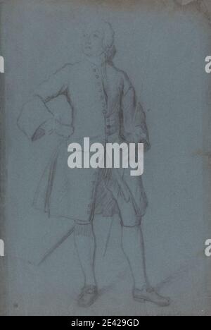 Allan Ramsay, 1713â € "1784, Briten, Mann stehend Holding ein Personal in seiner linken Hand, Full Length, undated. Schwarze Kreide auf mittlerem, mäßig strukturiertem, blau gekleidtem Papier. Hosen, Mäntel, Manschettenknöpfe, Figurenstudie, Männer, Schuhe (Schuhe), Ärmelkrämpfe, Stäbe (Gehstöcke), stehend, Strümpfe, Perücken Stockfoto