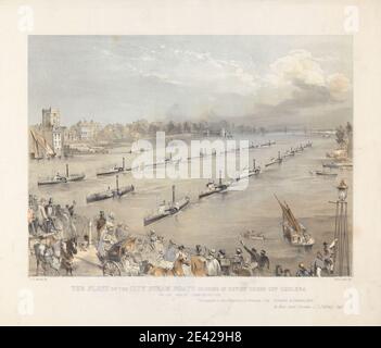 Edwin Jewitt, aktiv 1855, die Flotte der Stadt Dampfboote Passing in Review Order off Chalsea auf der London Annual Memoration, c. 1850. Handkolorierte Lithographie. Stockfoto