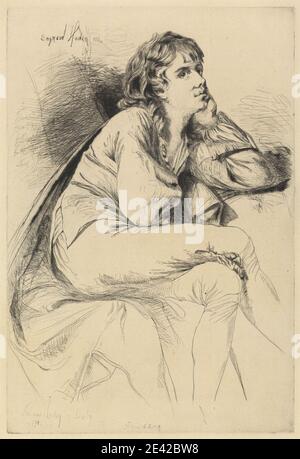 Druck gemacht von Francis Seymour Haden, 1818â € "1910, Briten, Thomas Haden von Derby, 1864. Ätzung und Trockenpunkt auf Medium, leicht strukturiert, creme antik gedeckten Papier. Hosen, Umhang, Chemise, Mantel, Blick, lange Haare, Mann, Porträt, Hemd, sitzend, nachdenklich. Joseph Wright von Derby Stockfoto