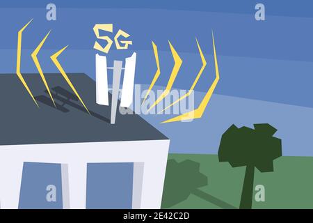Telekommunikation und mobiles 5G-Netz Dachantenne. Schrullige Cartoon-Stil Illustration. Stock Vektor