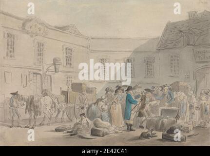 Thomas Rowlandson, 1756â € "1827, britische, Zollhaus in Boulogne, 1790er. Aquarell mit Feder und grau-schwarzer Tinte über Graphit; verso: Graphit auf Medium, mäßig strukturiert, gebläute weiße, gedeckte Papier. Zollhäuser, Hund (Tier), Genrethema, große Touren, Hüte, Pferde (Tiere), Gepäck, Männer, Quadrat (Freiraum), Postkutsche, Reisende, Frauen. Boulogne , Europa , Frankreich Stockfoto
