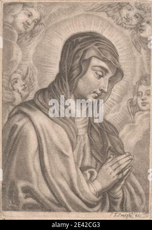 Druck von unbekannten Künstler, siebzehnten Jahrhundert-achtzehnten Jahrhundert, Jungfrau, undatiert. Mezzotint auf Medium, leicht strukturiert, Creme, Papier gelegt. Cherubs, Christentum, Wolken, Glauben, Halo, beten, religiöse und mythologische Thema, Schal, Lächeln, Schleier, Jungfrau, beobachten, Flügel. Die Jungfrau Maria Stockfoto