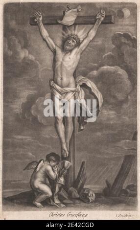 Druck von unbekannten Künstler, siebzehnten Jahrhundert-achtzehnten Jahrhundert, Christus Crucifixus, undatiert. Mezzotint auf Medium, leicht strukturiert, Creme, Papier gelegt. Engel, Kelch, Christentum, Tuch, Wolken, Kreuzigung, Vergebung, Halo, Nägel, Schmerz, Leidenschaft, religiöse und mythologische Thema, Opfer, Erlösung, Sünde, Schädel, Leiden, Weinen, Flügel. Jesus Stockfoto