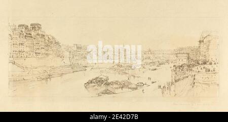 Thomas Girtin, 1775â € "1802, britische, Blick auf die Stadt mit dem Louvre & c., aus Pont Marie, 1802. Weich gemahlener, geätzter Umriss auf mäßig dickem, leicht strukturiertem, cremefarbenen Weben-Papier. Architektonisches Thema, Lastkähne (Wasserfahrzeuge mit flachem Boden), Boote, Karren, Stadtbild, Pferde (Tiere), Menschen, Fluss, Flussufer. CathÃ©drale Notre-Dame de Paris , Europa , Frankreich , MusÃ©e du Louvre , Paris , Pont Marie , seine , Ville de Paris, DÃ©partment de , ÃŽle-de-France Stockfoto