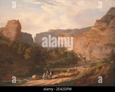 George Vincent, 1796â € "1832, Briten, EIN Blick auf Cheddar Gorge, ca. 1820. Öl auf Leinwand. Schürzen (Hauptbekleidung), Felsbrocken, Gebäude, Höhlen, Kinder, Kamine (architektonische Elemente), Klippen, Paar, Hunde (Tiere), Wohnungen, Familie, Geologie, Schlucht (Landform), Hut, Häuser, Landschaft, Kalkstein, Vieh, Männer, Mutter, Berge, Pfad, Fluss, Flussufer, Straße, ländliche Gegend, Schafe, Hirten, Himmel, Bäume, Tal (Landform), Blick, Wandern, Wand, Wasser, Fenster, Frauen. Cheddar , Cheddar Gorge , England , Europa , Somerset , Vereinigtes Königreich , Yeo Stockfoto