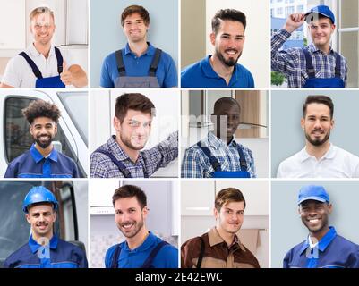Diverse Workman Engineer Worker Collage Portrait Set Stockfoto