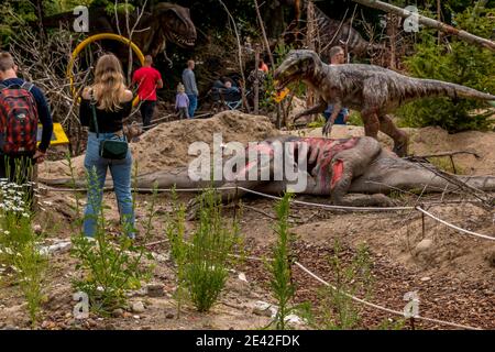 Aalborg, Dänemark - 25 Jul 2020: Dinosaurier in natürlicher Umgebung und in lebensechter Größe, Stockfoto