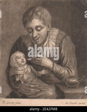 Druck gemacht von John Smith, 1652â €"1743, Britisch, Mann Fütterung Kind, undated. Mezzotinta auf Medium, mäßig strukturiert, creme, geblasenem Papier. Stockfoto