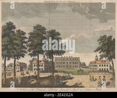 Unbekannter Künstler, achtzehnten Jahrhundert, EIN Blick auf den Palast der Königin von der Mall in St. Jame's Park, undated. Handkolorierte Gravur. Stockfoto