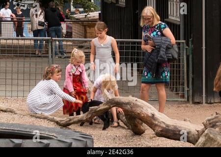 Aalborg, Dänemark - 25 Jul 2020: Viele Menschen im Aalborg Zoo an einem schönen Sommertag spielen Kinder mit Ziegen Stockfoto