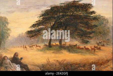 James Smetham, 1821â € "1889, Briten, Lovers in Richmond Park, 1864. Öl auf Tafel. Tiere, Bart, Buch, Paar, Feld, Herde, Landschaft, Liebe, Liebhaber, Mann, Park (Gelände), Bäume, Frau. England , Greater London , London , Richmond Park , Vereinigtes Königreich Stockfoto