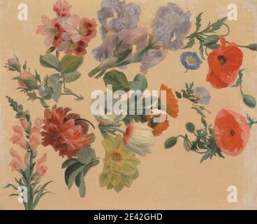 Jacques-Laurent Agasse, 1767â € "1849, Schweizer, aktiv in Großbritannien (von 1800), Studien der Sommerblumen, ca. 1848. Öl auf Leinwand. botanisches Thema, Botanik, Dahlien, Blumen (Pflanzen), Füchse Handschuhe, Iris, Blätter, Morgen Glorie, Mohnblumen, Rosen (Pflanze), Wissenschaft, Stamm Stockfoto