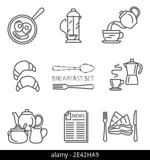 Frühstück dünne Linie Vektor-Symbol-Set. Abbildung Stock Vektor