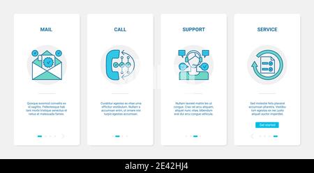 Vektor-Illustration für das Konzept des Customer Support Delivery Service. UX, UI Onboarding mobile App Seite Bildschirm mit Linie Call Center-Betreiber mit Kopfhörer, Lieferung Hotline per Telefon, Mail-Symbole Stock Vektor