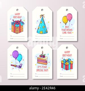 Happy Birthday Grußkarten oder gebrauchsfertige Geschenkanhänger oder Etiketten Vorlagen Set. Handgezeichneter Kuchen, Ballons und Geschenkboxen Skizzen Illustrationen Stock Vektor