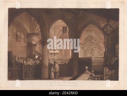 Geätzt und graviert von Joseph Mallord William Turner, 1775â € "1851, British, Innere einer Kirche, 1819. Ätzung und Mezzotinta, gedruckt in brauner Tinte auf mittelschwerem, leicht strukturiertem, cremefarbenem Papier. Stockfoto