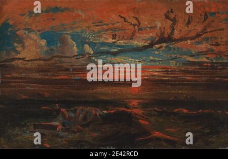 Zugeschrieben Francis Danby, 1793â € "1861, Irish, Sonnenuntergang auf See nach einem Sturm, ca. 1824. Öl auf gepresste Karte. Schönheit, Boot, Wolken, Landschaft, Meteorologie, Meer, Wissenschaft, Seestruck, Schiffswrack, Himmel, Sturm, Wellen (Naturereignisse) Stockfoto