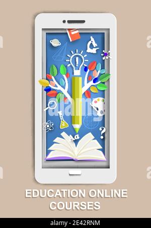 Papier geschnitten Smartphone, offenes Buch, Baum des Wissens, Wissenschaft und Schule Symbole, Vektor-Illustration. Online-Schulungen. Stock Vektor
