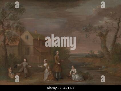 Unbekannter Künstler, achtzehnten Jahrhundert, EINE Familie Gruppe namens "The Stafford Family", ca. 1730. Öl auf Leinwand. Junge, Kinder, Gespräch Stück, Töchter, Familie, Mädchen, Haus, Mann, Porträt, Fluss, Sohn, Strom, Wasser Stockfoto
