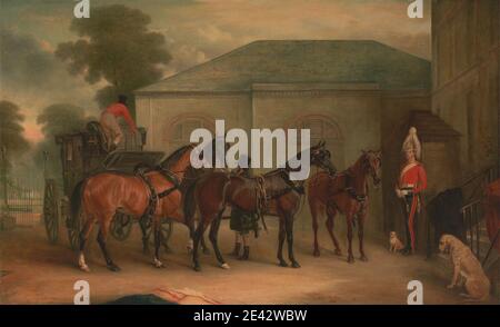 John Ferneley, 1782â € "1860, britische, die Drag von Sir Watkin Williams Wynn, 1843. Öl auf Leinwand. Tierkunst, Kutsche, Kutsche, Kostüm, Hunde (Tiere), Zaun, Genre Thema, Wachen (Sicherheit), Pferde (Tiere), Haus, Schritte Stockfoto