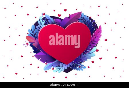 Rotes Herz des Valentinstag. 3d rote Herzen und Papier geschnitten Blumen. Vektorgrafik. Stock Vektor