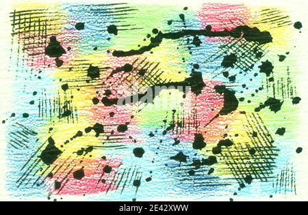 Mehrfarbige Grunge Aquarell Hintergrund mit Tinte schwarze Flecken von Farbe mit Spritzern. Stockfoto