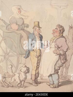 Thomas Rowlandson, 1756â € "1827, britische, "Lender Billy" Erfrischung, undated. Aquarell mit Stift und rot-braune und graue Tinte über Graphit auf mäßig dicken, leicht strukturierten, beige, wove Papier. Schürze (Hauptkleid), Karikatur, Kutsche, Tasse, Hunde (Tiere), Genre Thema, Pferd (Tier), Mann, fettleibig, Reitkultur, Transport, Baum, Räder, Frau Stockfoto