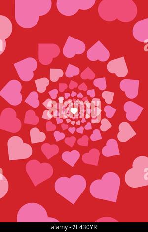 Valentinstag Grußkarte mit Spirale von rosa Herzen auf Vektorgrafik mit rotem Hintergrund Stock Vektor