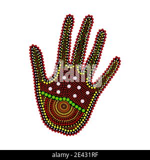 Hand isoliert auf weißem Hintergrund. Australien Aboriginal Arm Punkt Malerei. Palme im Stammesstil der Aborigines. Dekorativer Ethno-Stil. Vektorgrafik Stock Vektor