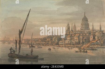 William Marlow, 1740–1813, Brite, The City und St. Paul's von der South Bank, undated. Aquarell und Graphit mit Stift und brauner Tinte auf Medium, leicht strukturiert, cremefarben gewebt Papier montiert auf mäßig dicken, leicht strukturiert, cremefarben gewebt Papier. Lastkähne (flat-bouned Wasserfahrzeug), Boote, Brücke (gebaut), Gebäude, Kathedrale, Kirchen, Stadt, Stadtbild, Kuppel, Häuser, Meereskunst , Masten , Menschen , Fluss , Flussufer , Dächer , Ruderboote , Skylines , sloops (Segelschiffe) , Wasser. City of London , England , Europa , Greater London , London , St. Paul's Cathedral , Themse , UN Stockfoto