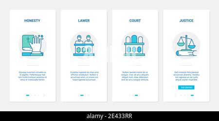 Rechtsrecht, Gericht Sitzung Konzept Vektor Illustration. UX, UI Onboarding mobile App Seite Bildschirm mit Linie Ehrlichkeit vor Gericht mit Hand auf Bibel, Jurist Jury und Staatsanwalt abstrakte Symbole gesetzt Stock Vektor