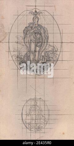 Hubert-FranÃ§OIS Gravelot, 1699â € "1773, Französisch, aktiv in Großbritannien (1733â € "45), Design für eine Medaille: Figur der Jungfrau, undated. Graphit, Stift und schwarze Tinte, für die Übertragung auf Medium eingeschnitten, leicht strukturiert, beigefarbenes Papier auf mäßig dickem, leicht strukturiertem, cremefarbenen Papier, mit Blattgold, Aquarell, Stift in schwarzer und roter Tinte, Randlinien. Design, Taube, Figur (Illustration), Genremotiv, Medaille. Die Jungfrau Maria Stockfoto