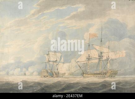 Robert Cleveley, 1747â € "1809, Briten, die niederländische Vice Admiral unter Admiral De Winter schlagen seine Flagge auf die englische Vice Admiral Onslow unter Admiral Duncan bei der Schlacht von Camperdown, 11. Oktober 1797, 1799. Graphit, Aquarell, Feder und schwarze Tinte auf mäßig strukturiertem, mittelschwerem, cremefarbenen Papier. Stockfoto