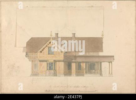 Studio von Sir Jeffry Wyatville, 1766â € "1840, Briten, die Miller's Cottage in Chatsworth, Derbyshire: Front Elevation mit Alternative Roof Design, nach 1818. Aquarell, Stift und schwarze Tinte, Graphit auf leicht strukturiertem, Medium, creme gewebt Papierstab Skala von 1/4 Zoll bis 1 Fuß. Architektonisches Thema Stockfoto